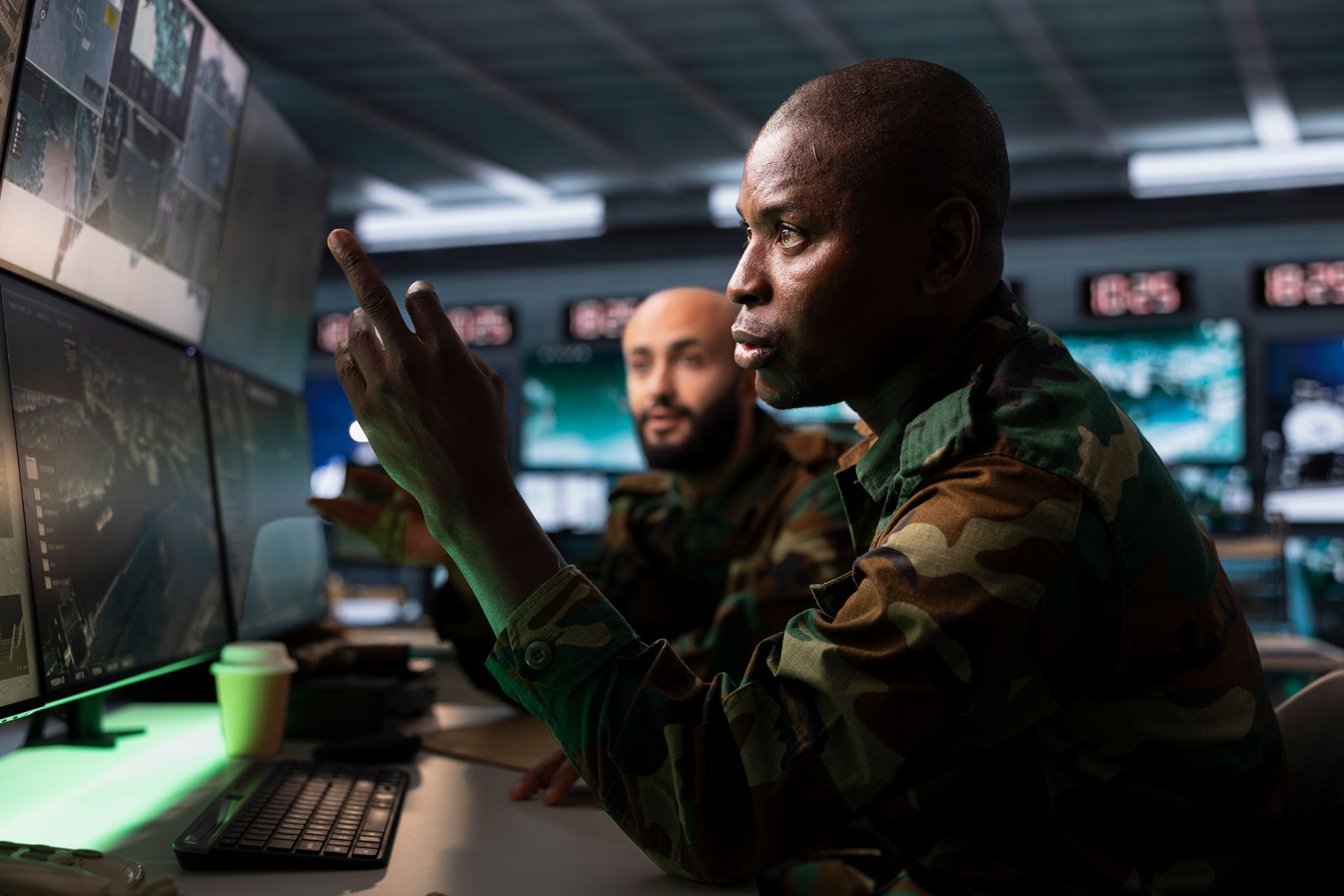 Two people in military uniforms working in a dim, high-tech command center, looking at multiple surveillance monitors.