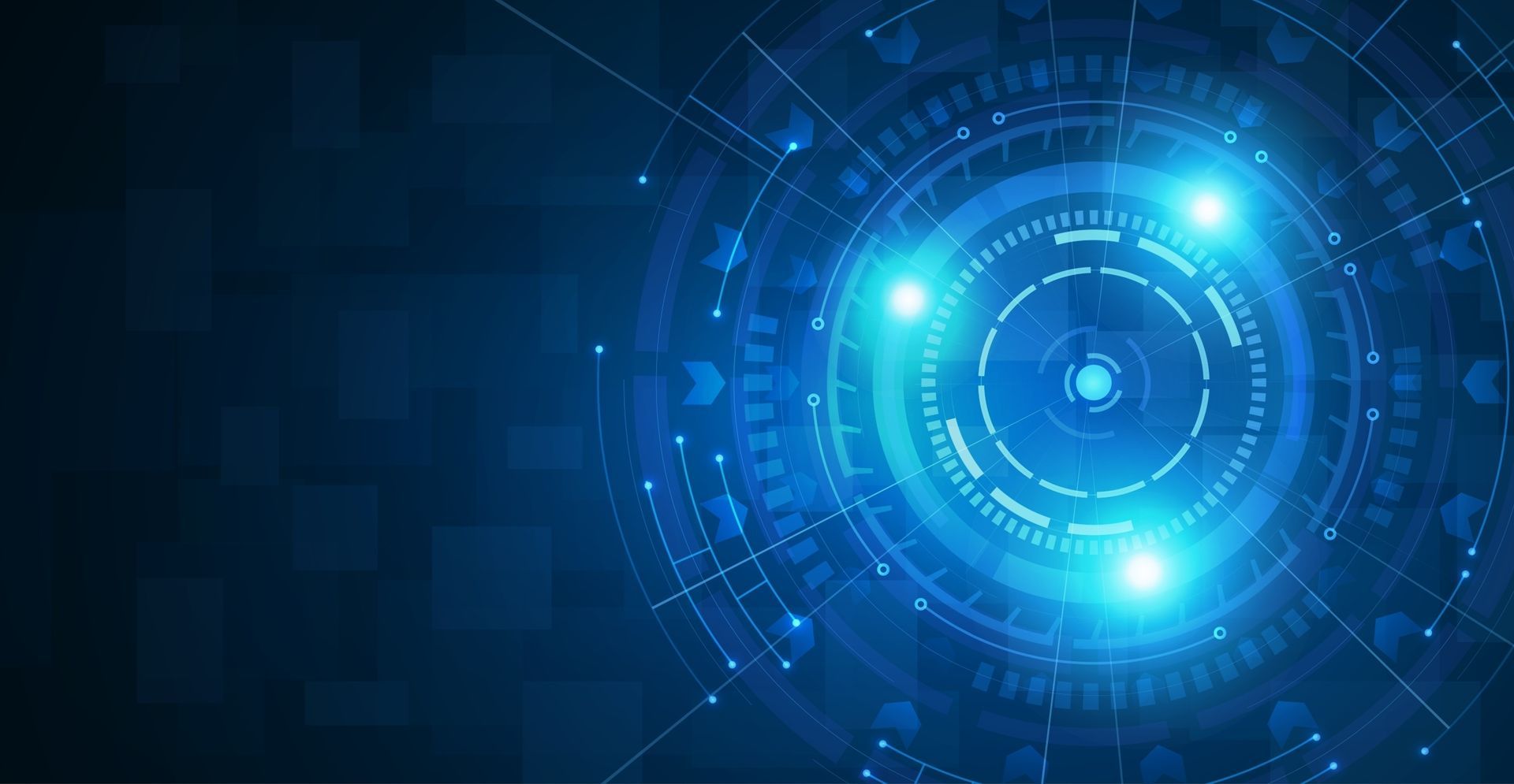 Abstract blue digital background with circular, glowing technology patterns and interconnected data lines.