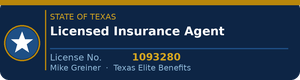 Texas Licensed Insurance Agent business card for Mike Greiner, Texas Elite Benefits, license number 1093280.