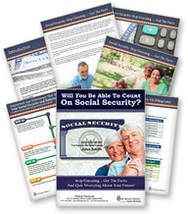 Brochure stack about Social Security, with photos of senior adults and informational content.