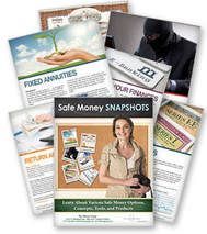 Brochures promoting safe money options, featuring a woman, thief, and financial concepts.