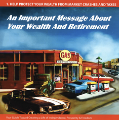 An advertisement promoting wealth protection, featuring classic cars at a vintage gas station.