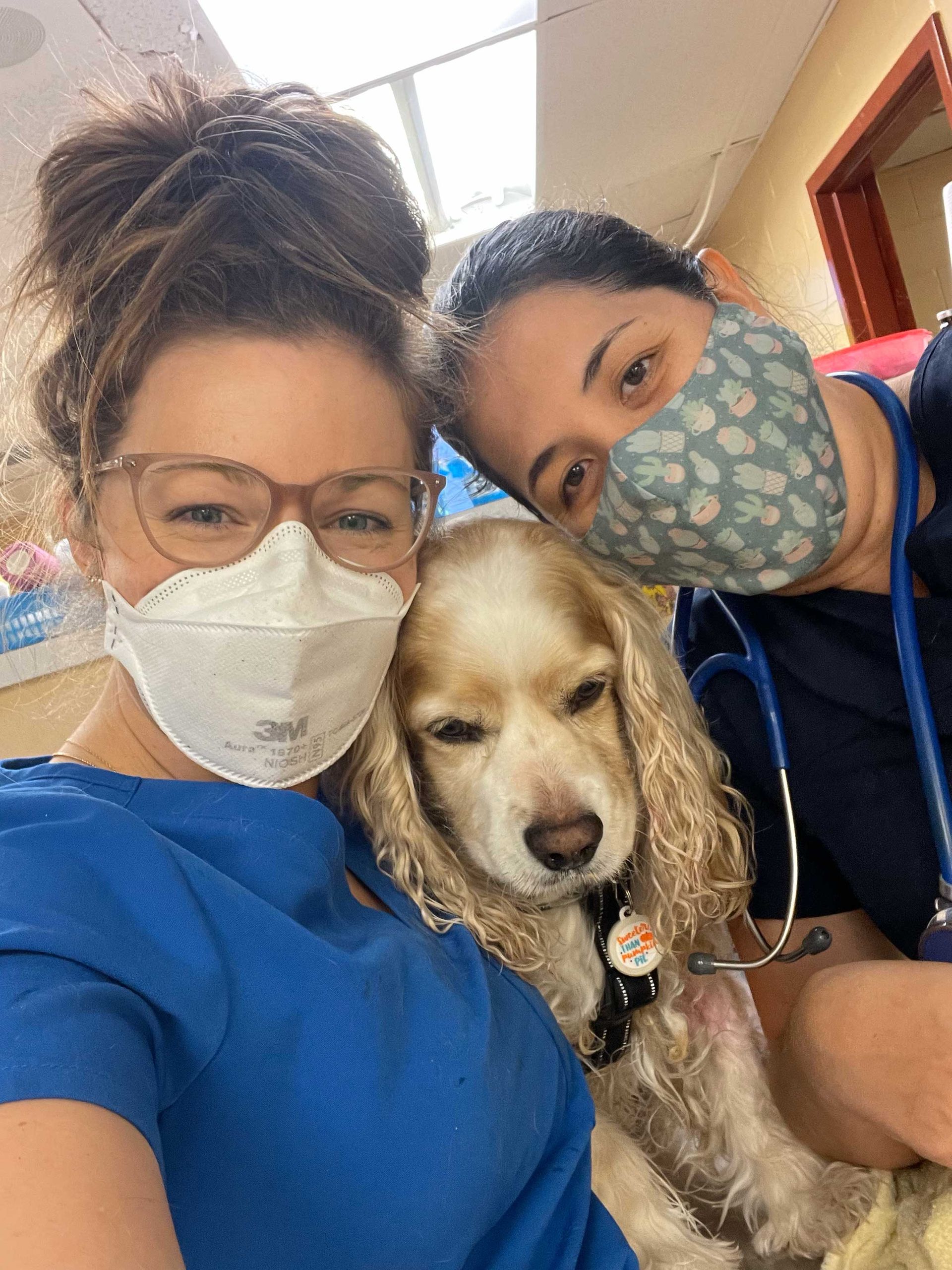 Two women wearing face masks are holding a dog.