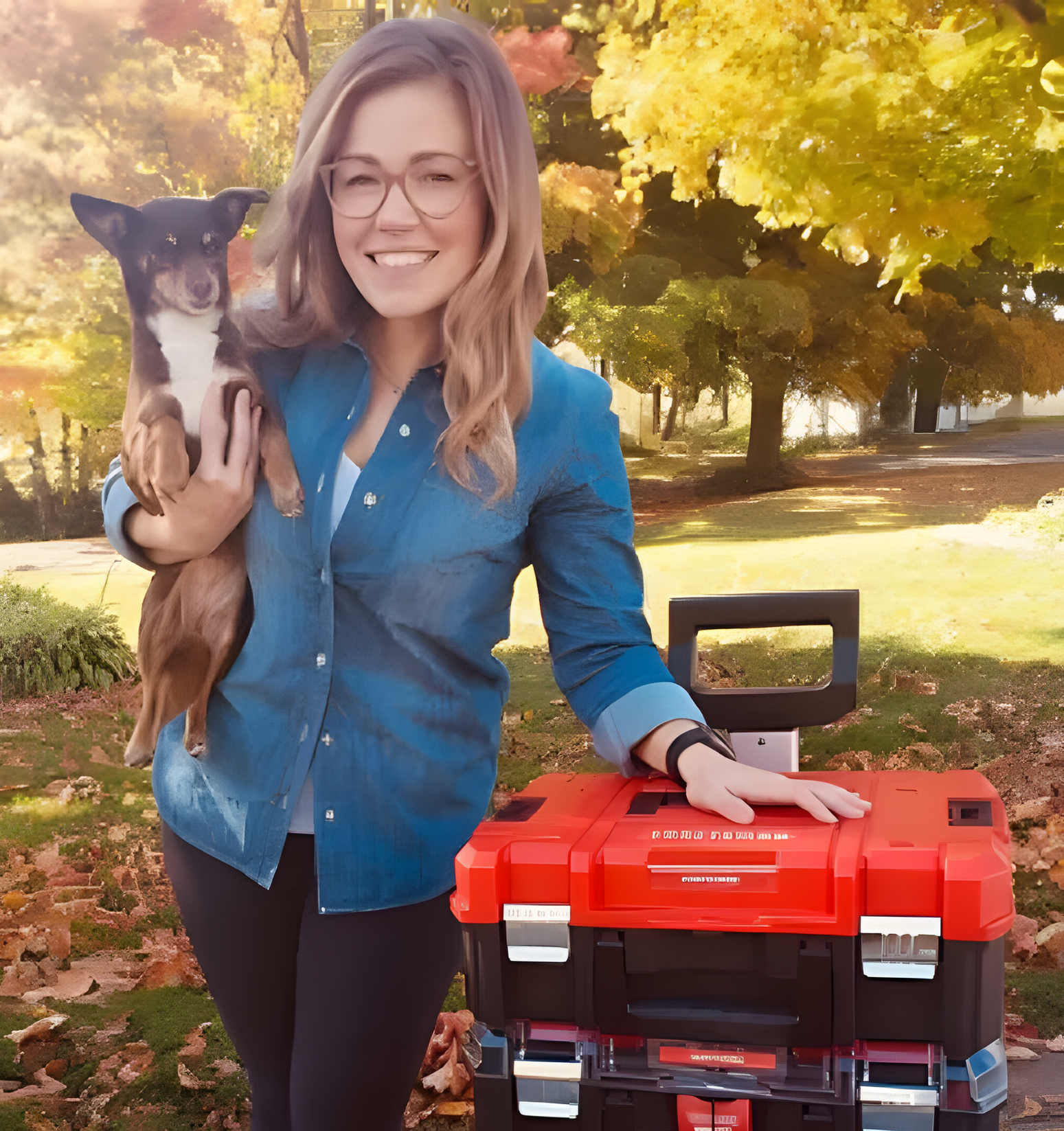 A woman holding a small dog standing next to a red toolbox