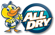 Cartoon duck mascot beside blue &ldquo;ALL DRY&rdquo; logo on white background