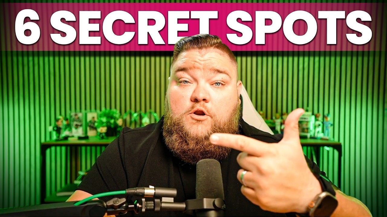 Man gesturing in front of microphone with text “6 SECRET SPOTS” on a green-lit background