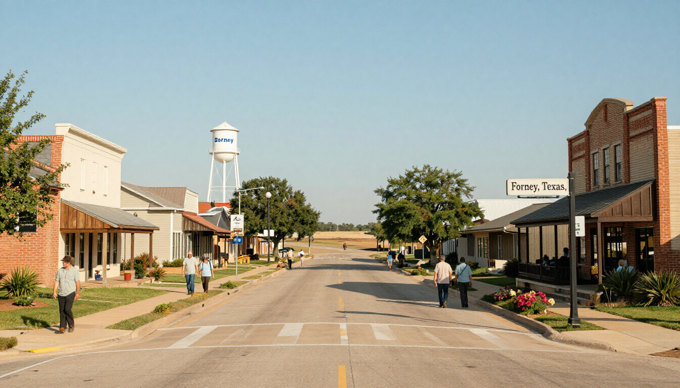Small town main street with brick storefronts, a water tower, and a few people walking under a clear sky.