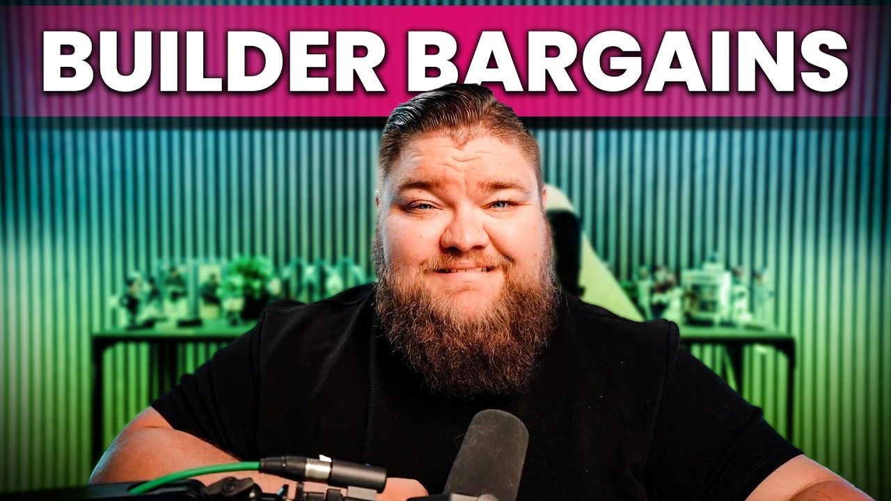 Bearded man at a microphone in front of a neon-lit backdrop with “BUILDER BARGAINS” text.