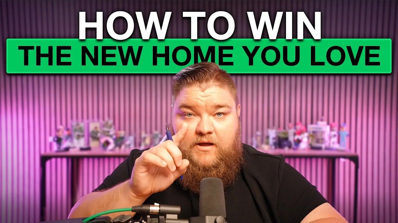 Man speaking into a microphone with bold title text: “HOW TO WIN THE NEW HOME YOU LOVE” on a purple background