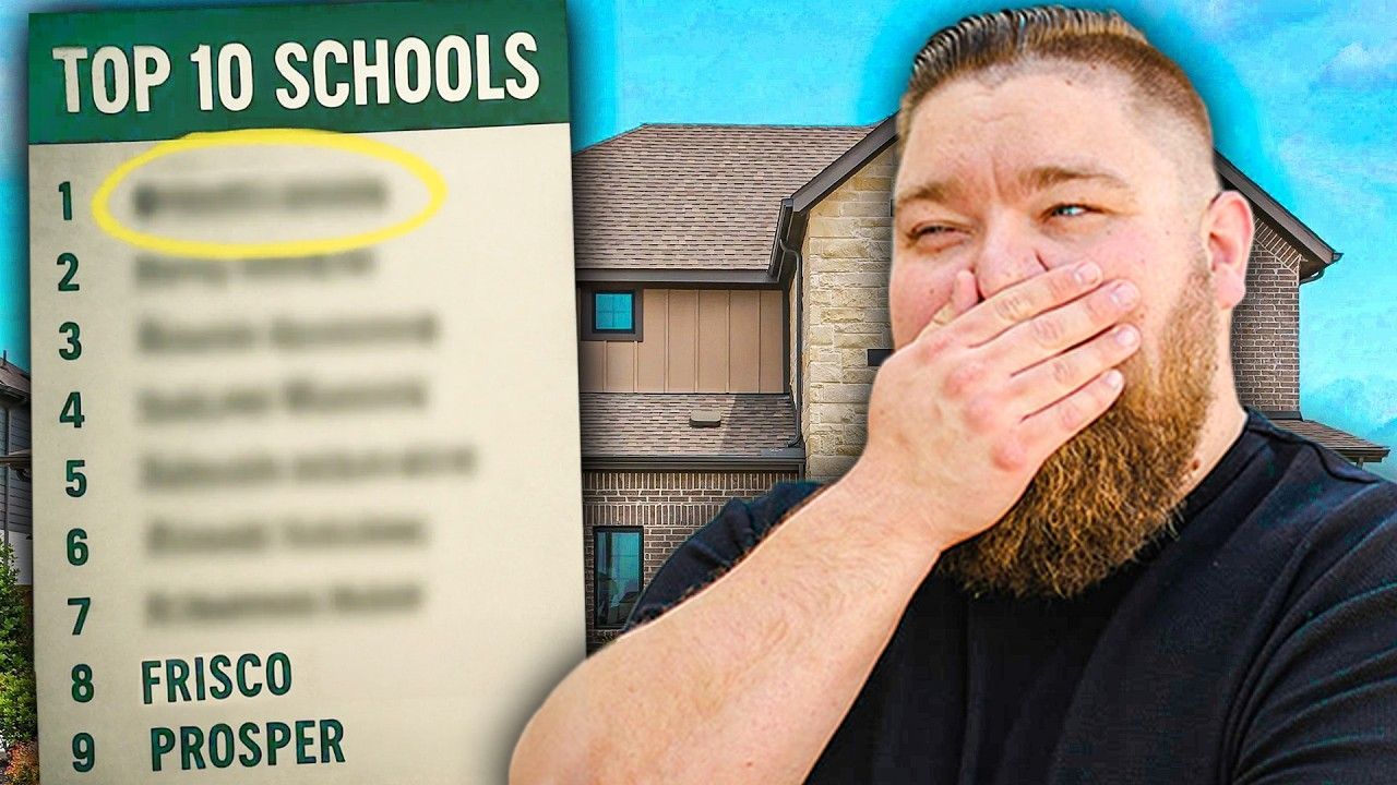 Man laughs, hand over mouth, next to a list ranking top 10 schools; house backdrop.