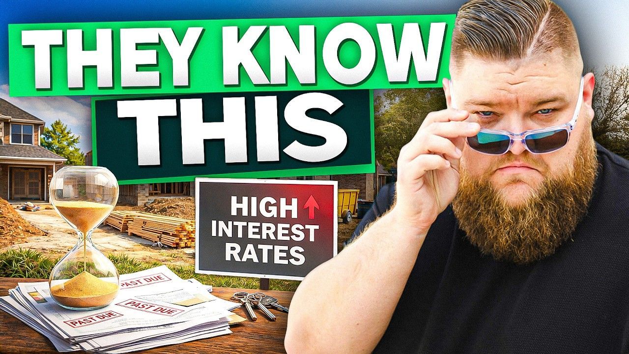 Man in sunglasses, worried expression, next to a sign about high interest rates, hourglass, construction.