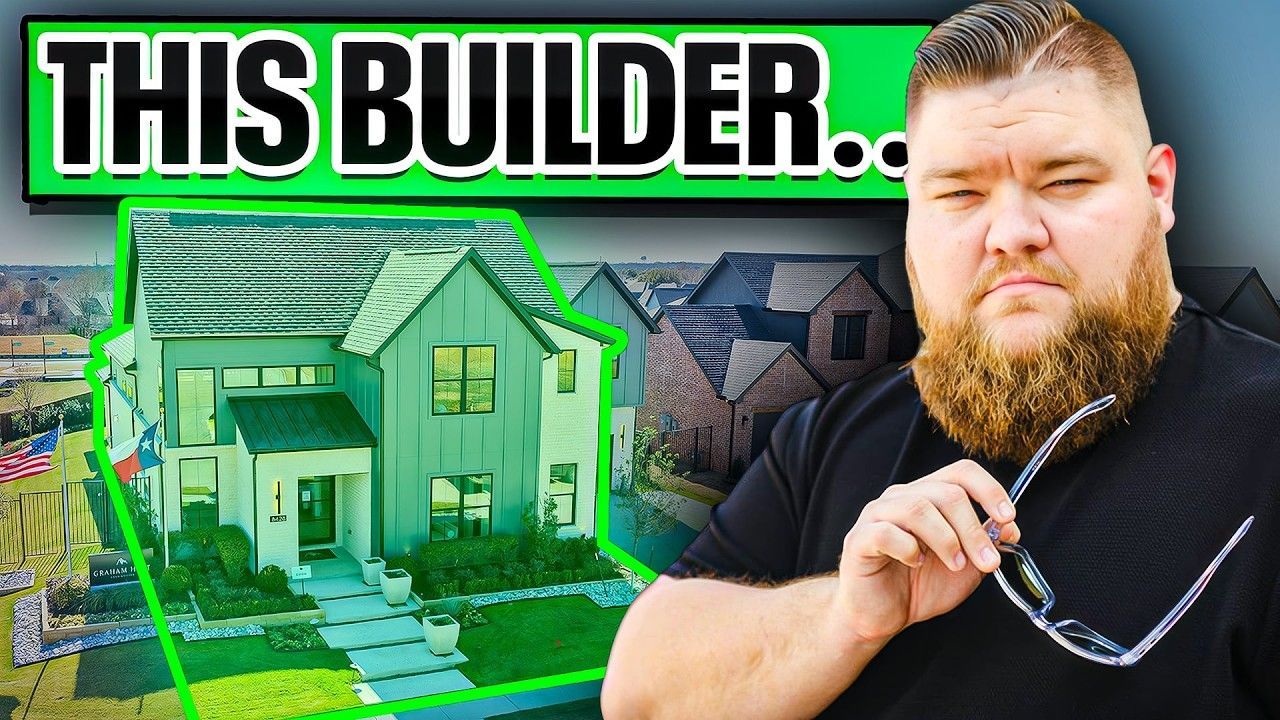 A man holding glasses, looking stern, with a house highlighted in green in the background. Text overlay: 