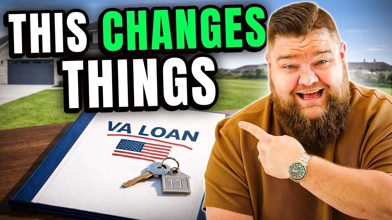 A bearded person points toward a VA loan document with a key on it in front of a house, with the text 