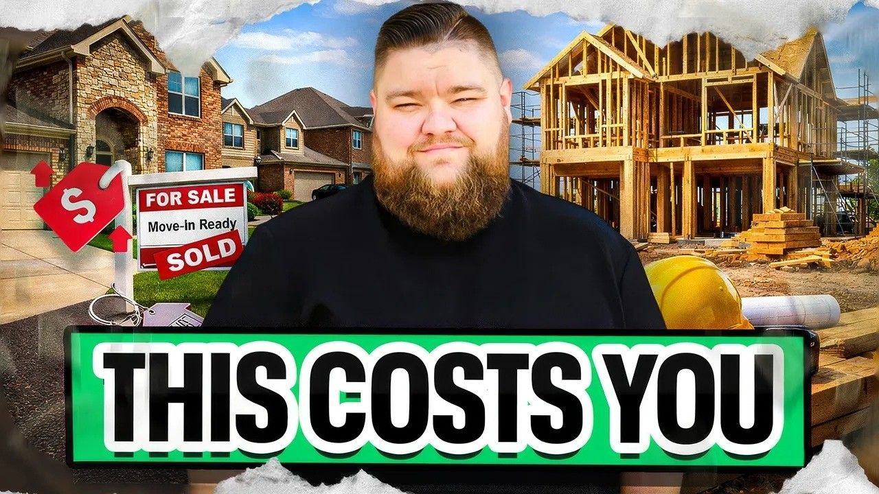 A man stands between a finished home and a construction site, with a large banner reading 