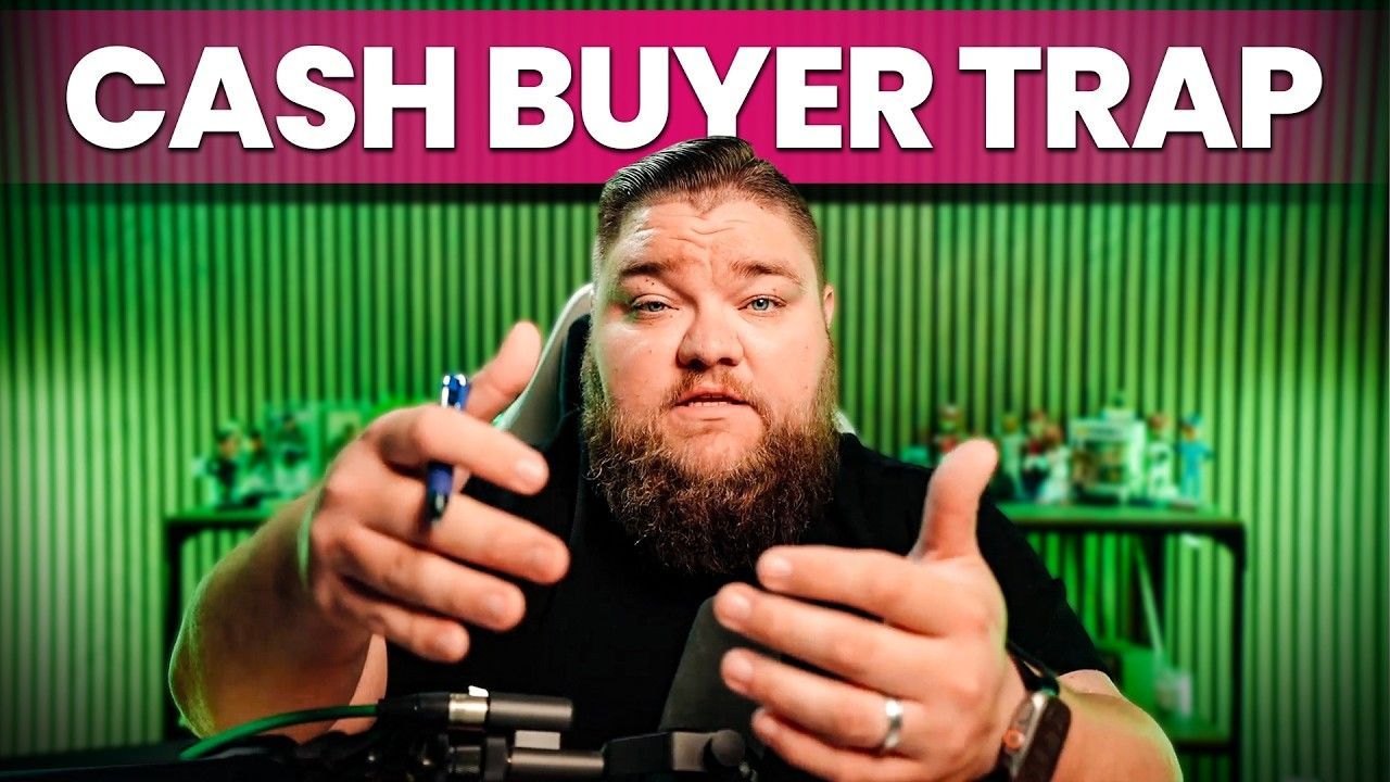 Bold “CASH BUYER TRAP” banner above man pointing at camera in a green-lit studio