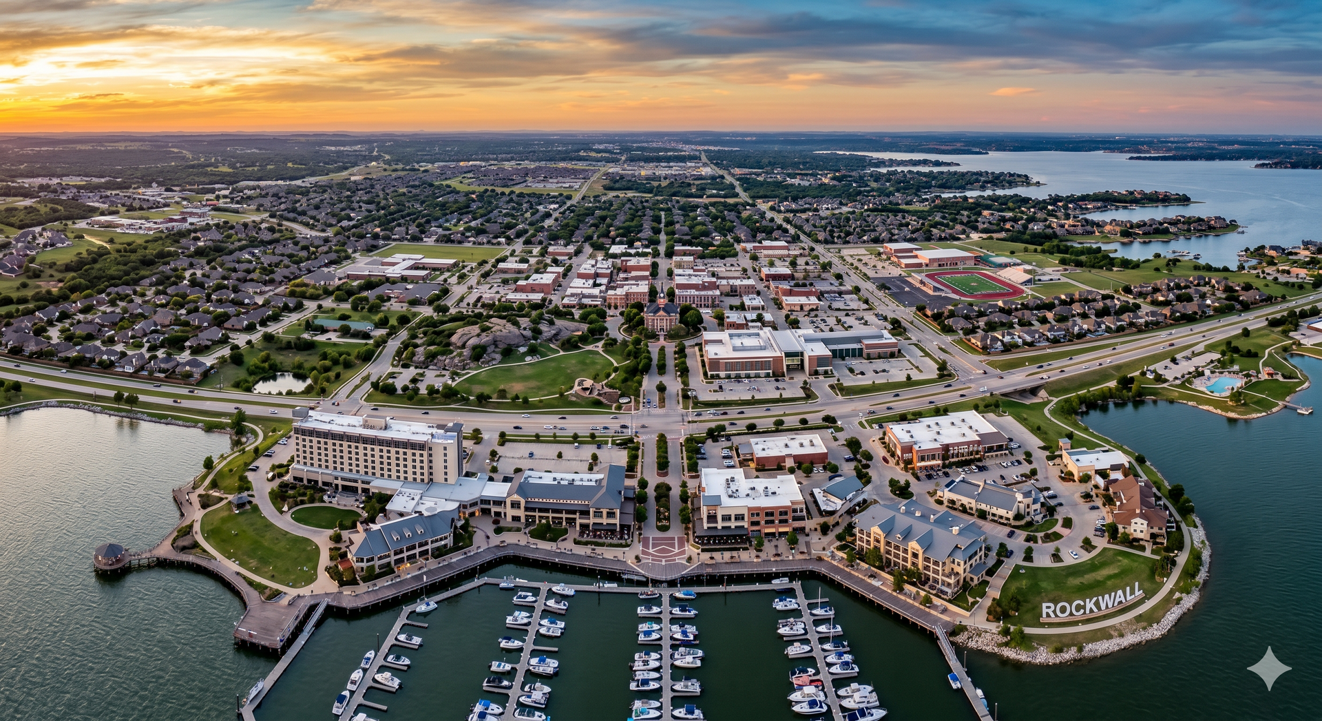 Aerial view of a coastal marina and waterfront town at sunset, with boats, roads, and calm water.