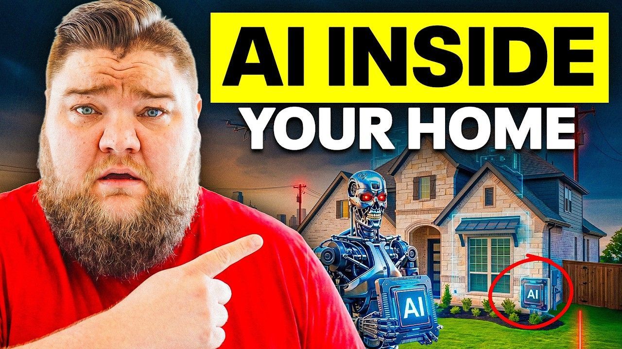 Man in red shirt pointing at robot in a house yard with bold text “AI INSIDE YOUR HOME”