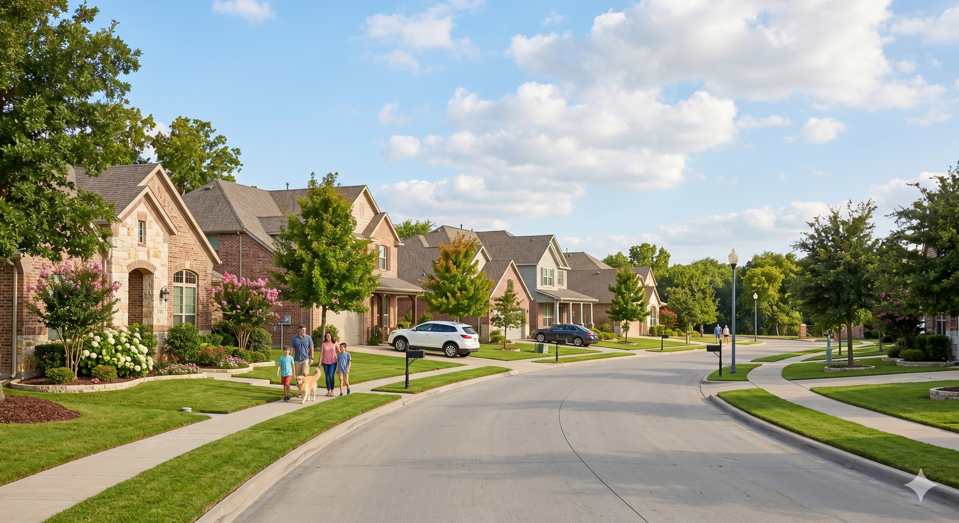 Quiet suburban street with brick houses, parked cars, sidewalks, and a few people walking under a partly cloudy sky