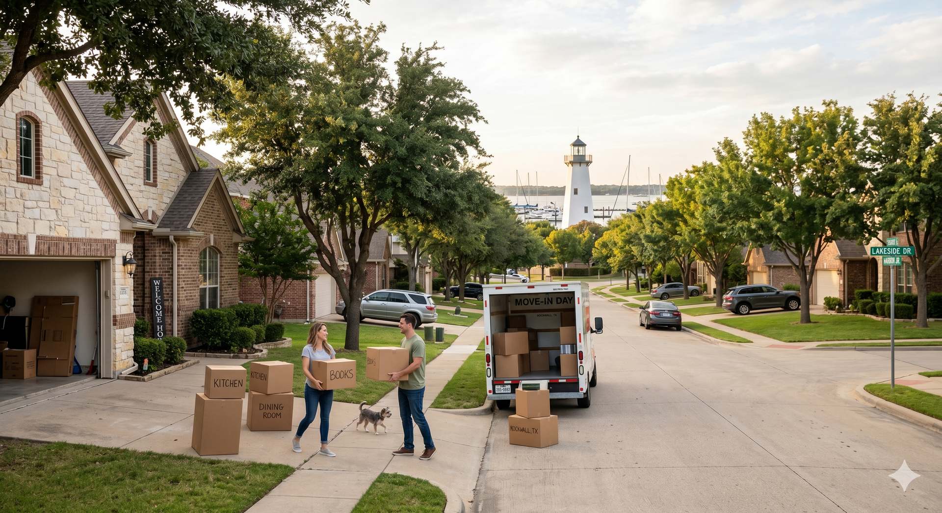 People unloading boxes from a vehicle on a quiet suburban street near homes and a lighthouse in the distance