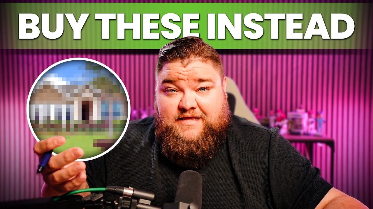 Man speaking into a microphone with “BUY THESE INSTEAD” text and a blurred circular inset of a house