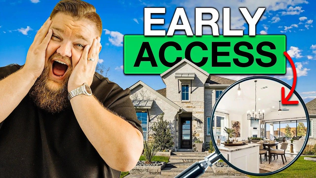 Man holding his face beside a house photo with bold “EARLY ACCESS” text and a red arrow