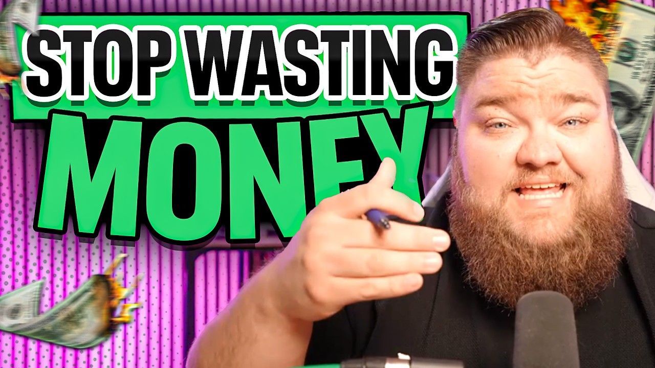 Bold text “STOP WASTING MONEY” over a bearded man pointing in a bright pink background