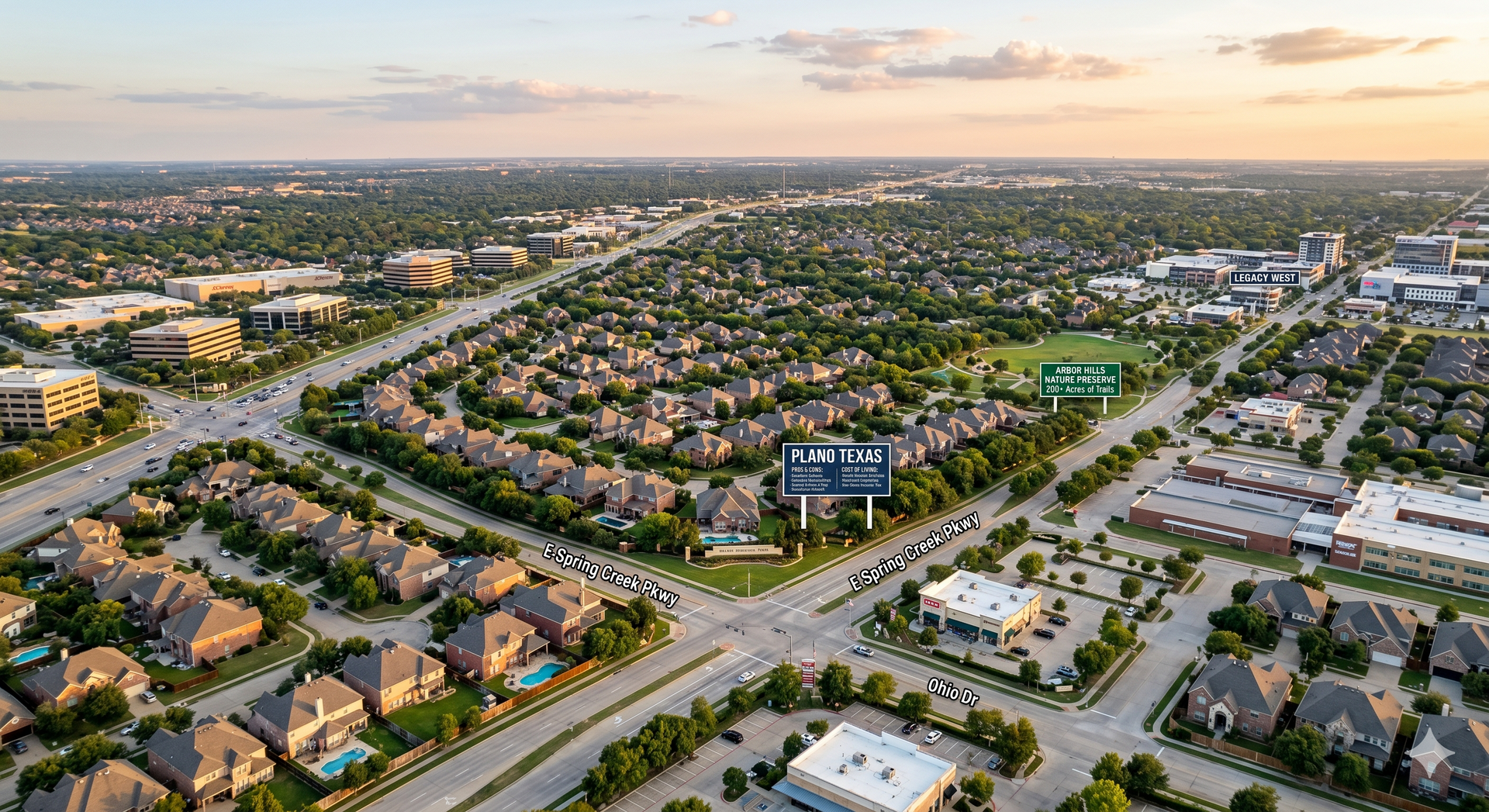 Aerial view of a suburban neighborhood at sunset with homes, streets, and trees stretching to the horizon