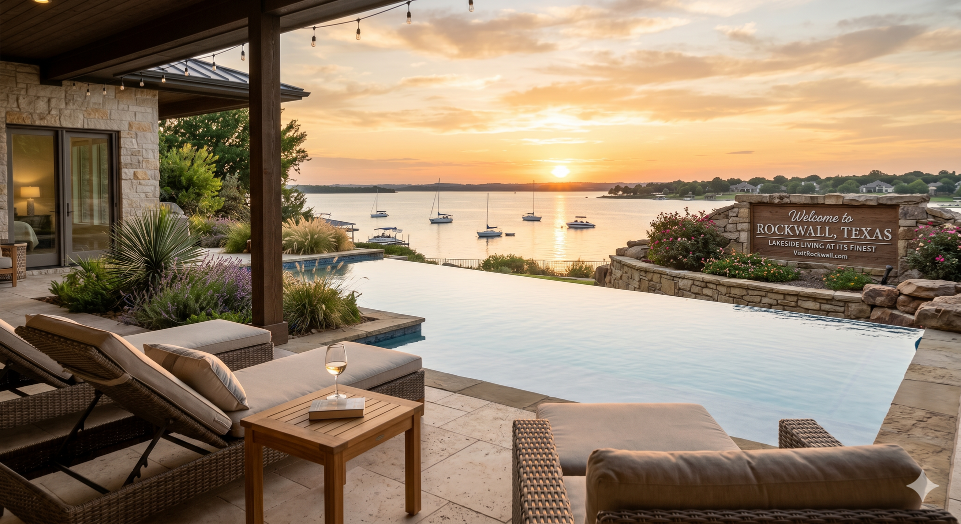 lakefront patio with lounge chairs and infinity pool at sunset, boats on calm water beyond