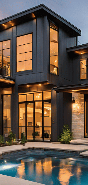 A large house with a swimming pool in front of it.