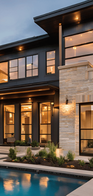 A large house with a swimming pool in front of it.