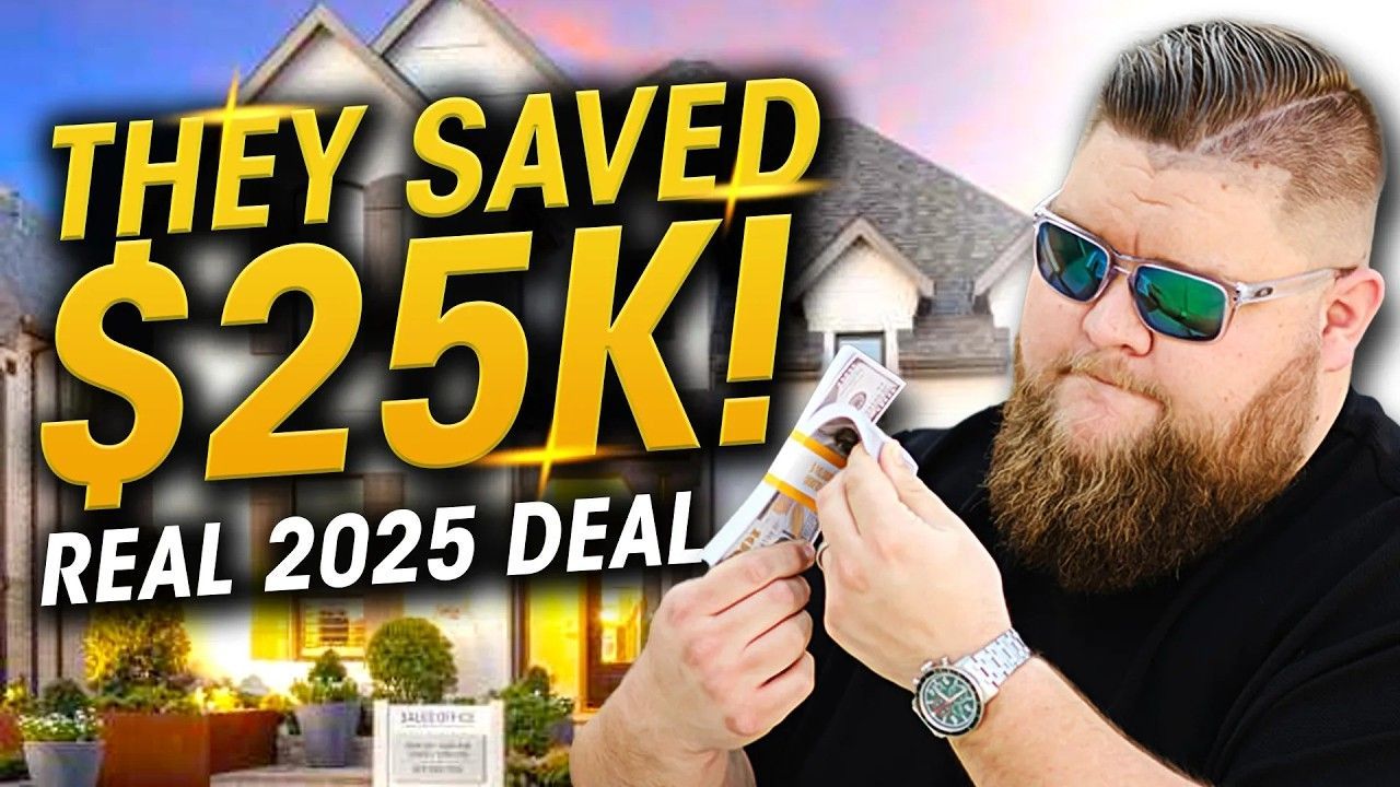A man with a beard is holding a dollar bill in front of a house.