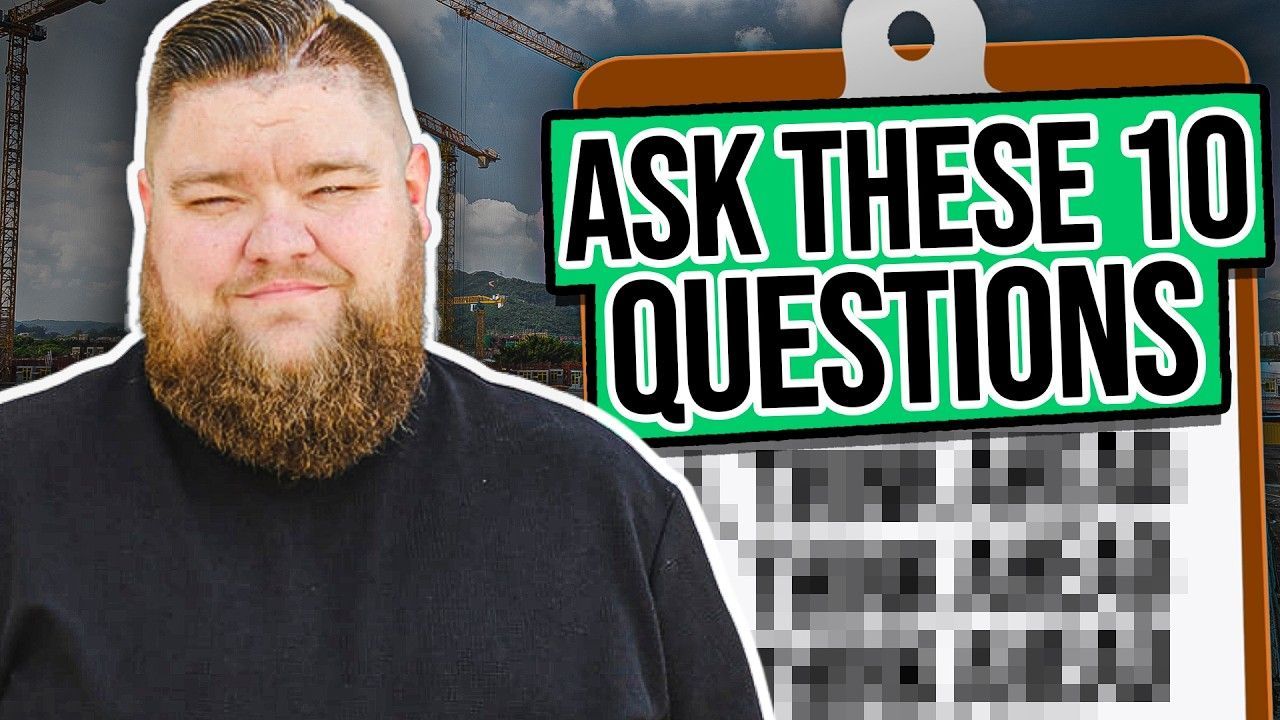 A man with a beard is standing next to a clipboard that says ask these 10 questions.