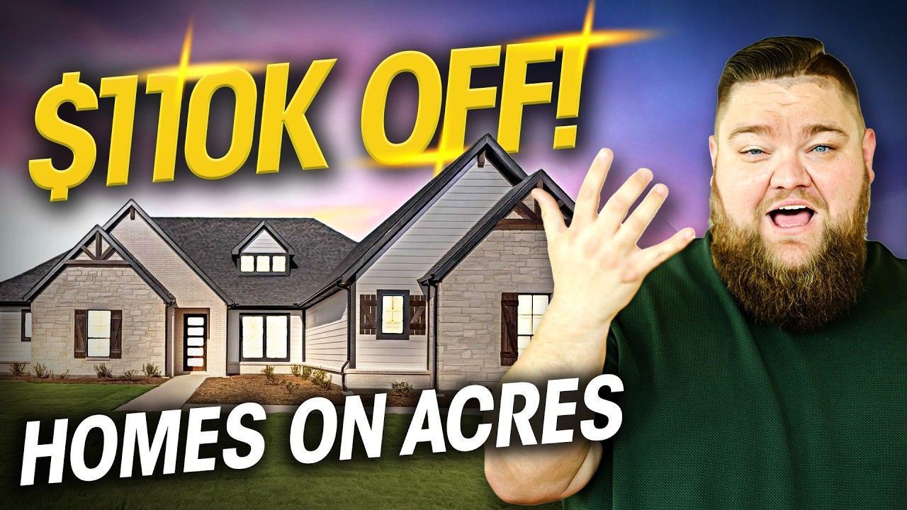 Man gesturing near a house with text 