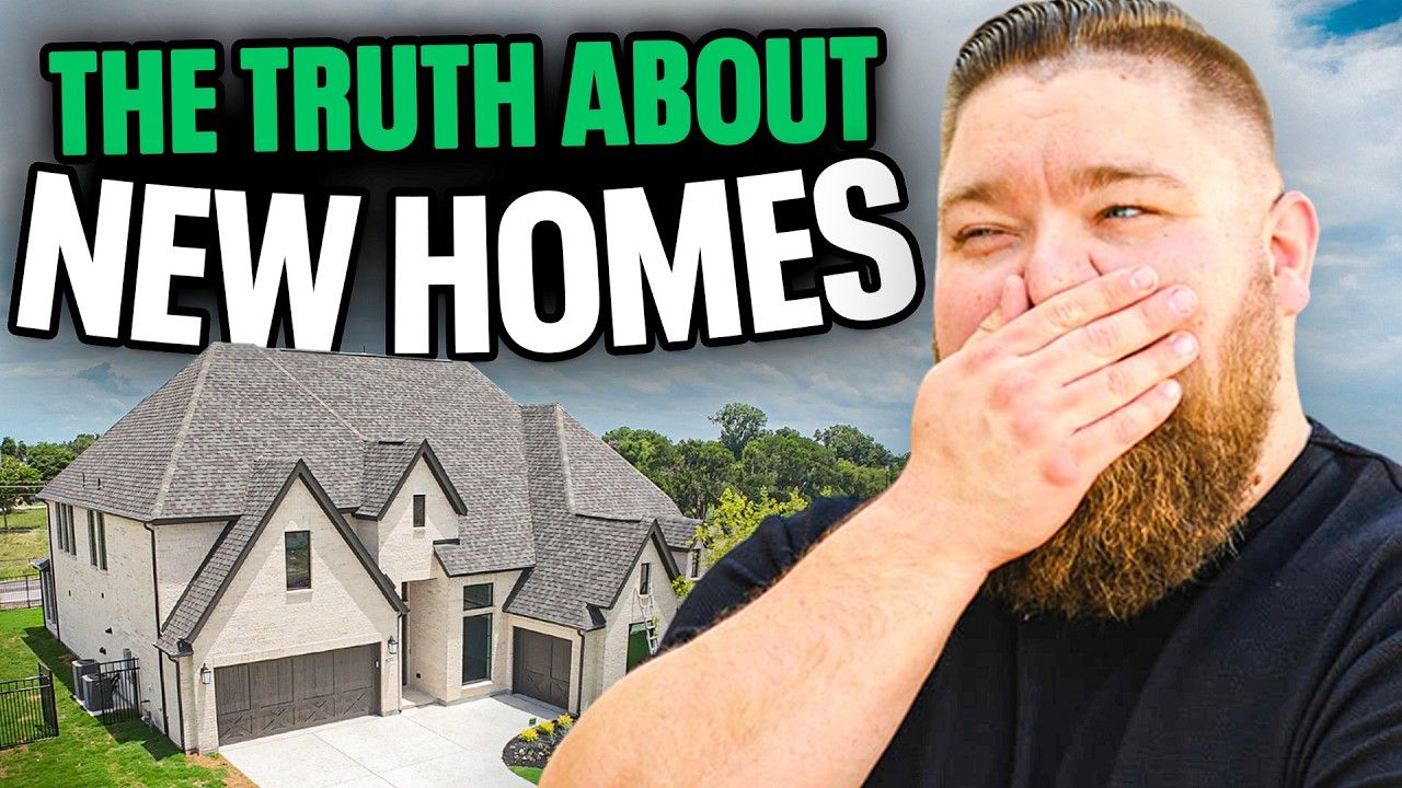 Man laughs, covering mouth, in front of a house with text 
