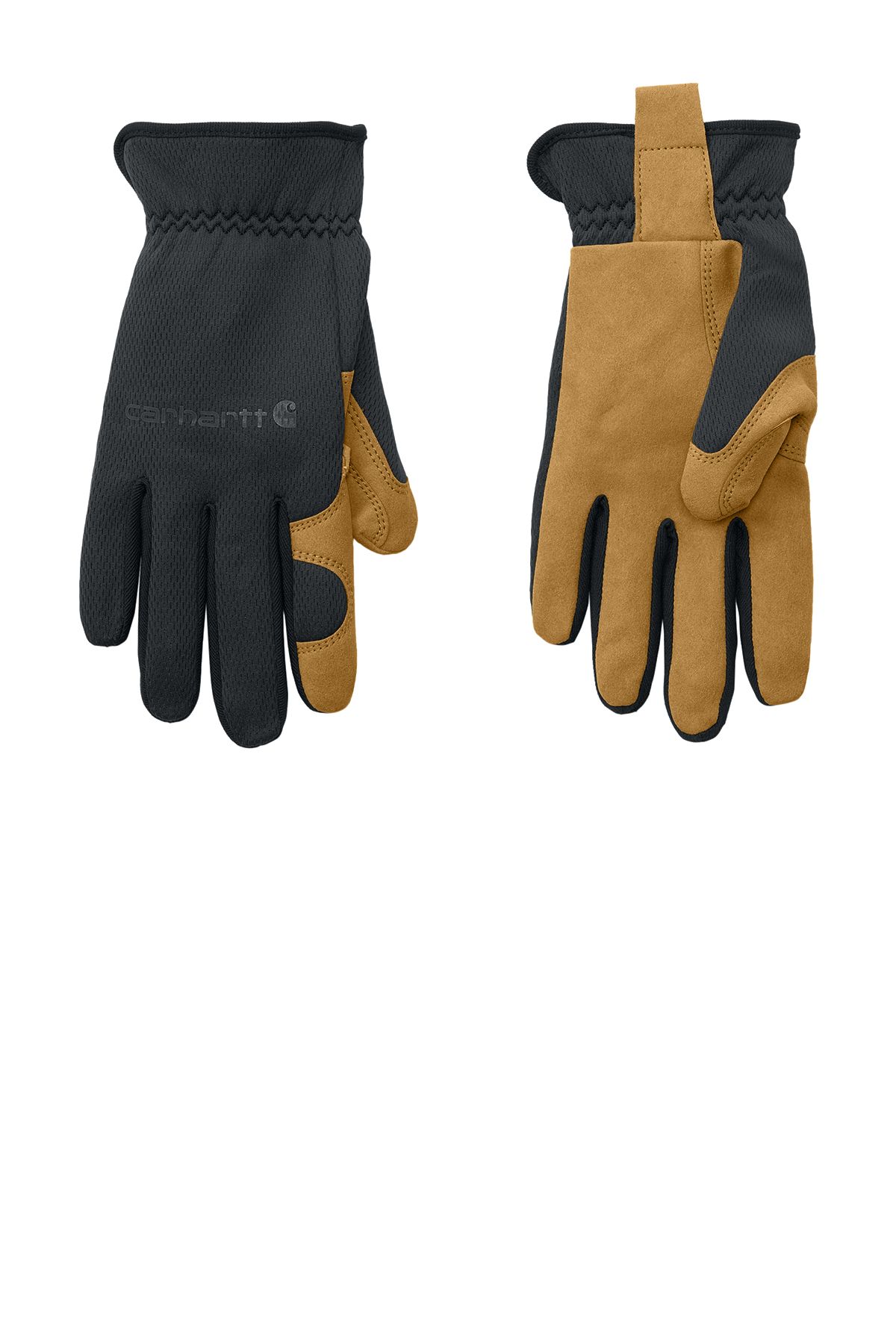 Two work gloves, black and tan, displayed from front and back.