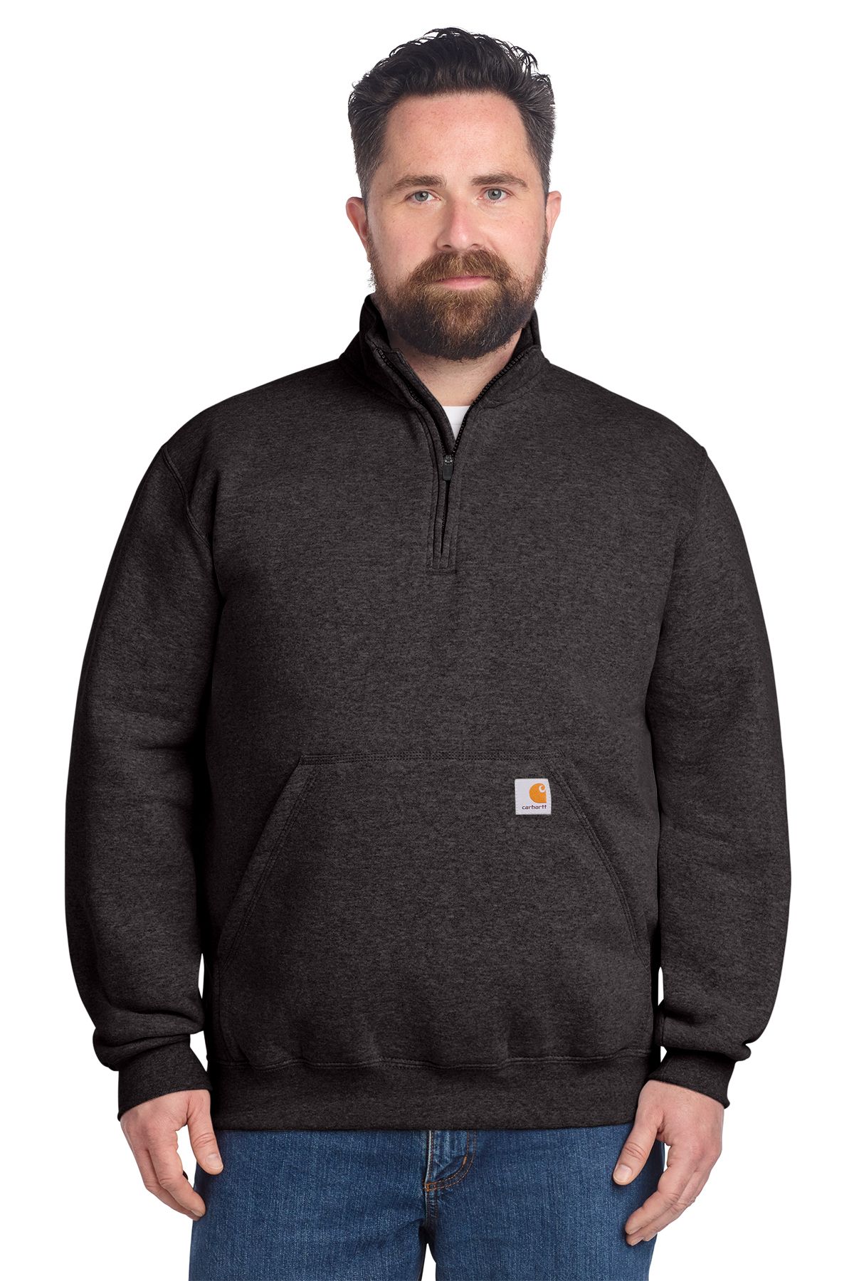 Man wearing a black Carhartt quarter-zip sweatshirt, standing in front of a white background.