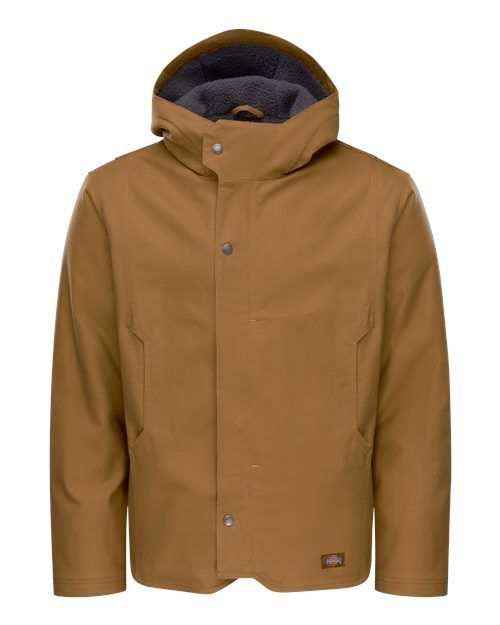 Brown hooded jacket with button closure.