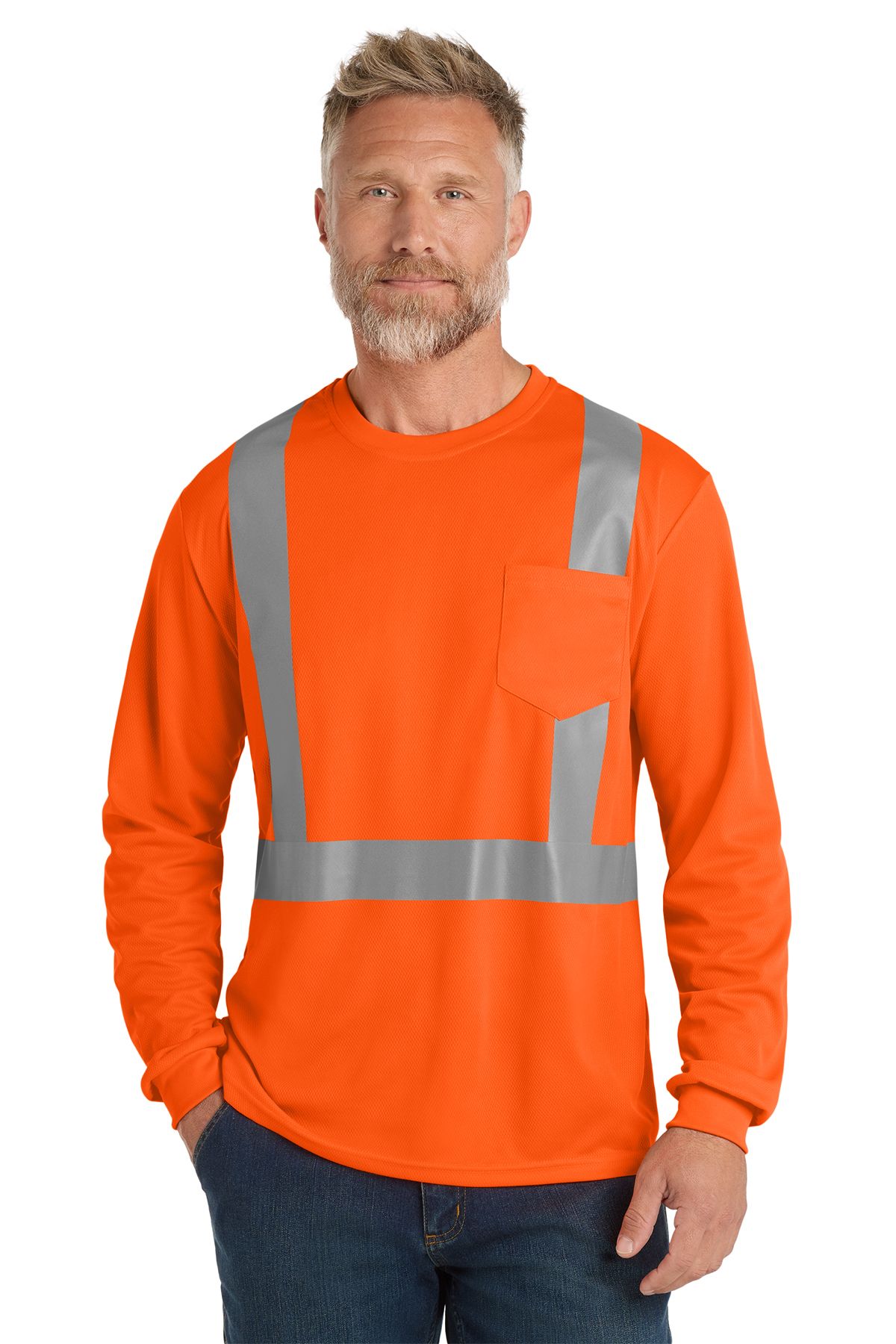 Man wearing bright orange long-sleeved shirt with reflective stripes and pocket.