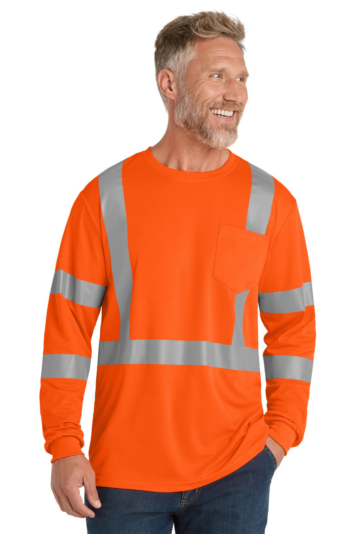 Man wearing bright orange long-sleeve safety shirt with reflective stripes.