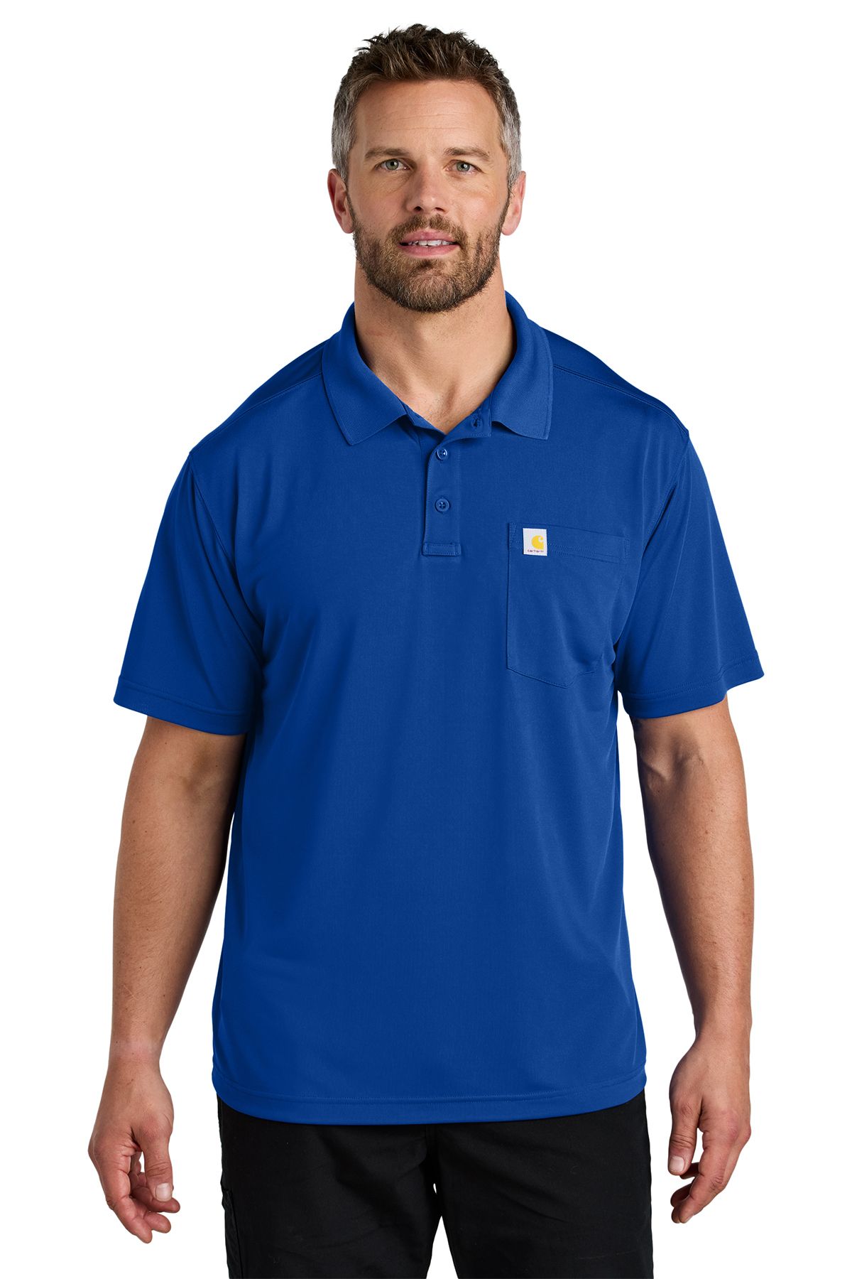 Man wearing a blue polo shirt, standing in front of a white background.