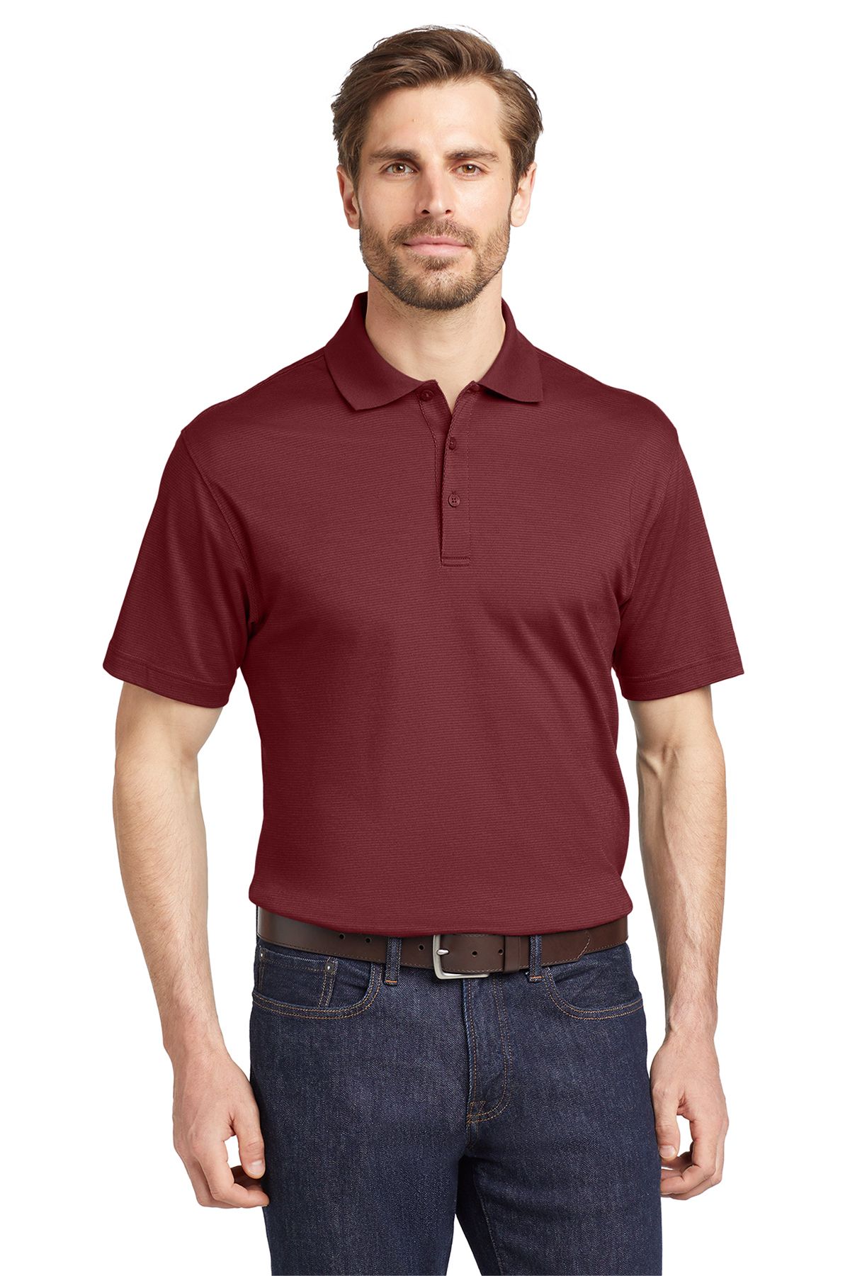Man wearing a maroon polo shirt and jeans, standing and looking forward.