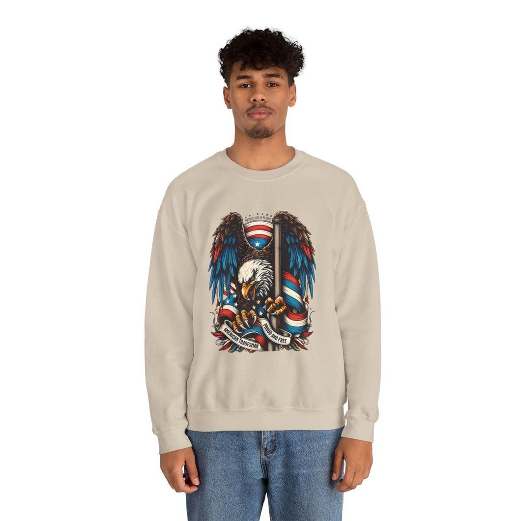 Man wearing a beige sweatshirt with an American eagle design.