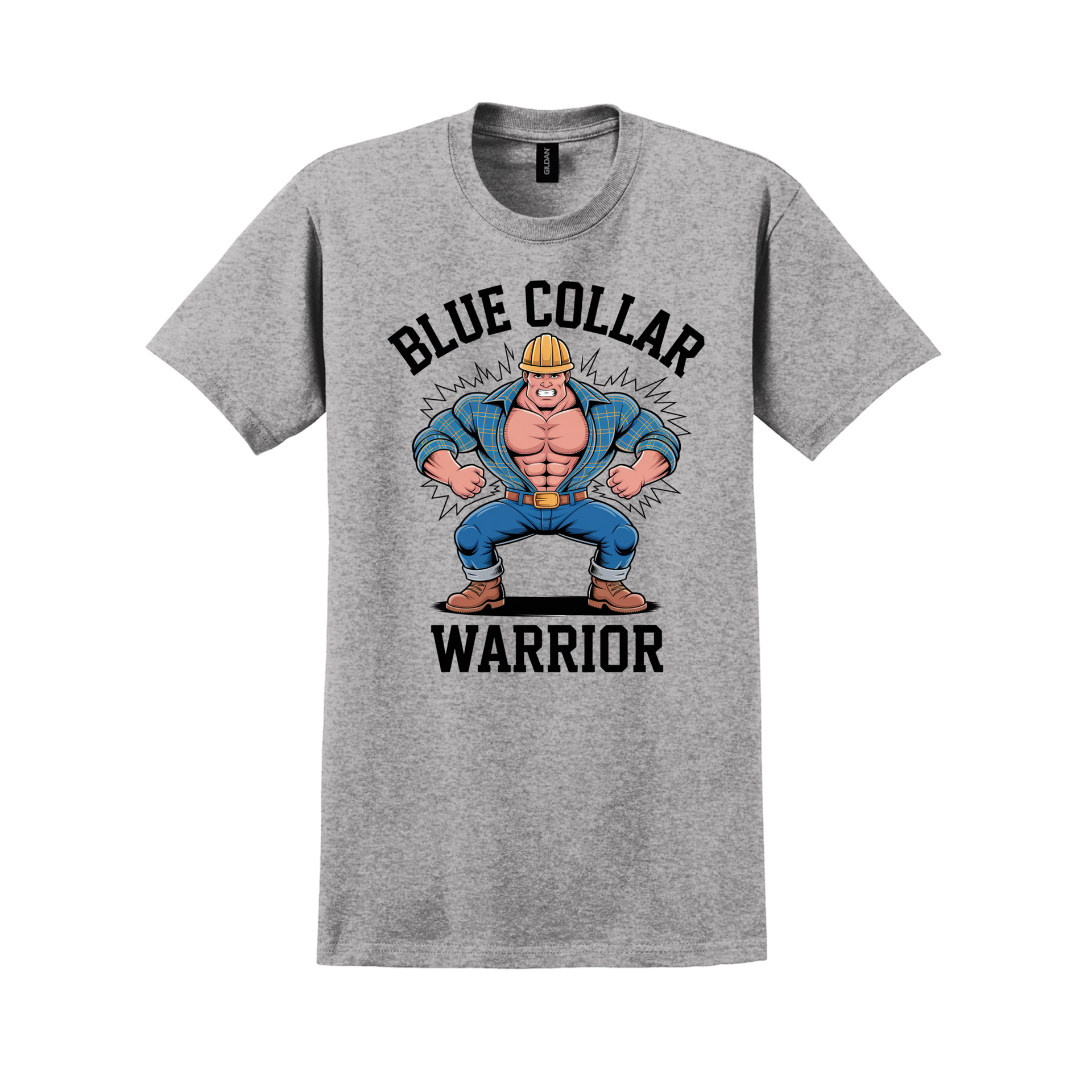 Gray t-shirt with a muscular construction worker cartoon that says 