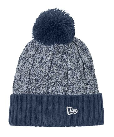 Navy and gray cable knit beanie with a pom-pom, ribbed cuff, and New Era logo.