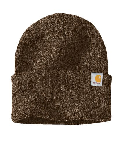 Brown Carhartt knit beanie hat with folded brim and logo patch.