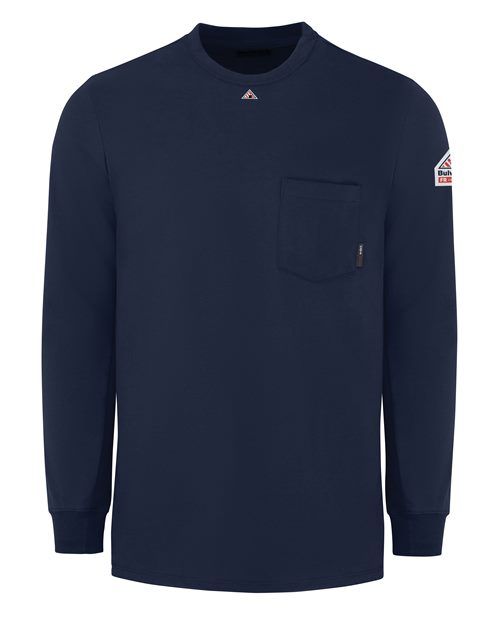 Navy blue long-sleeved work shirt with a pocket and logo on the sleeve.