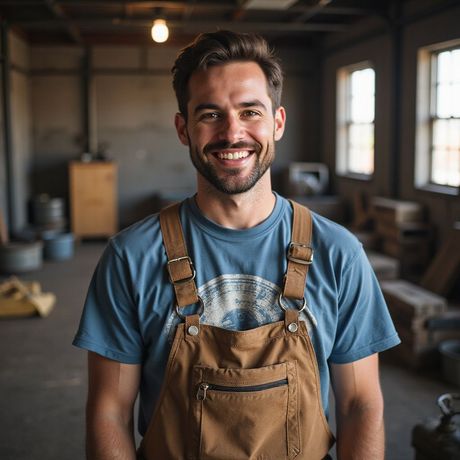 Man in overalls smiles broadly in a workshop setting.