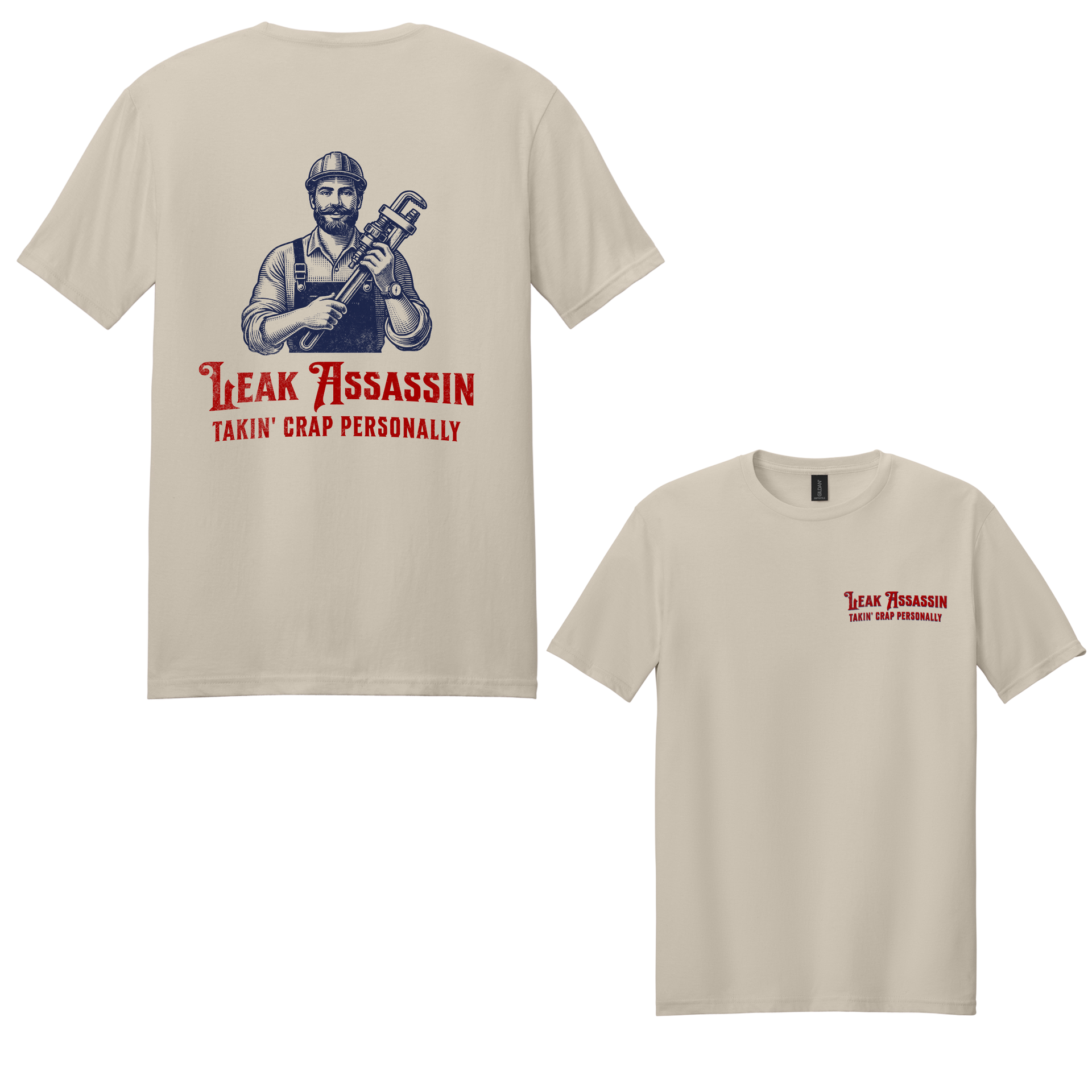Beige t-shirt with a blue and red graphic. The back displays a plumber and text 
