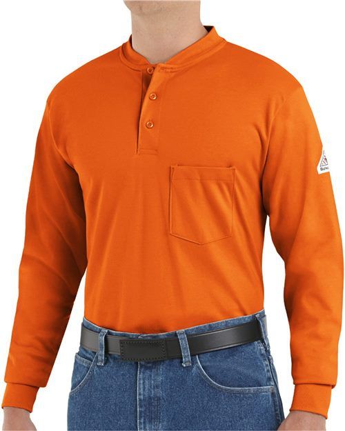 Orange long-sleeved work shirt with pocket and band collar, worn with jeans and a black belt.