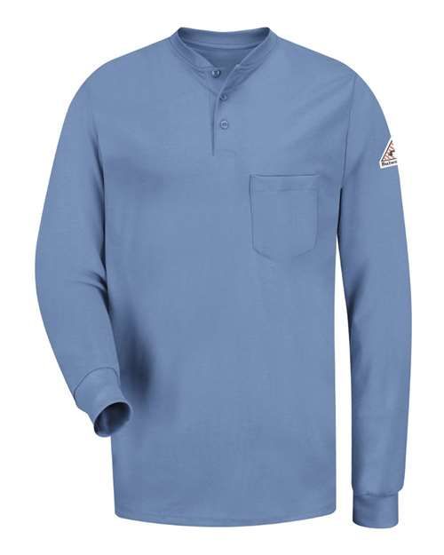 Blue long-sleeved work shirt with a buttoned collar and a pocket on the chest.